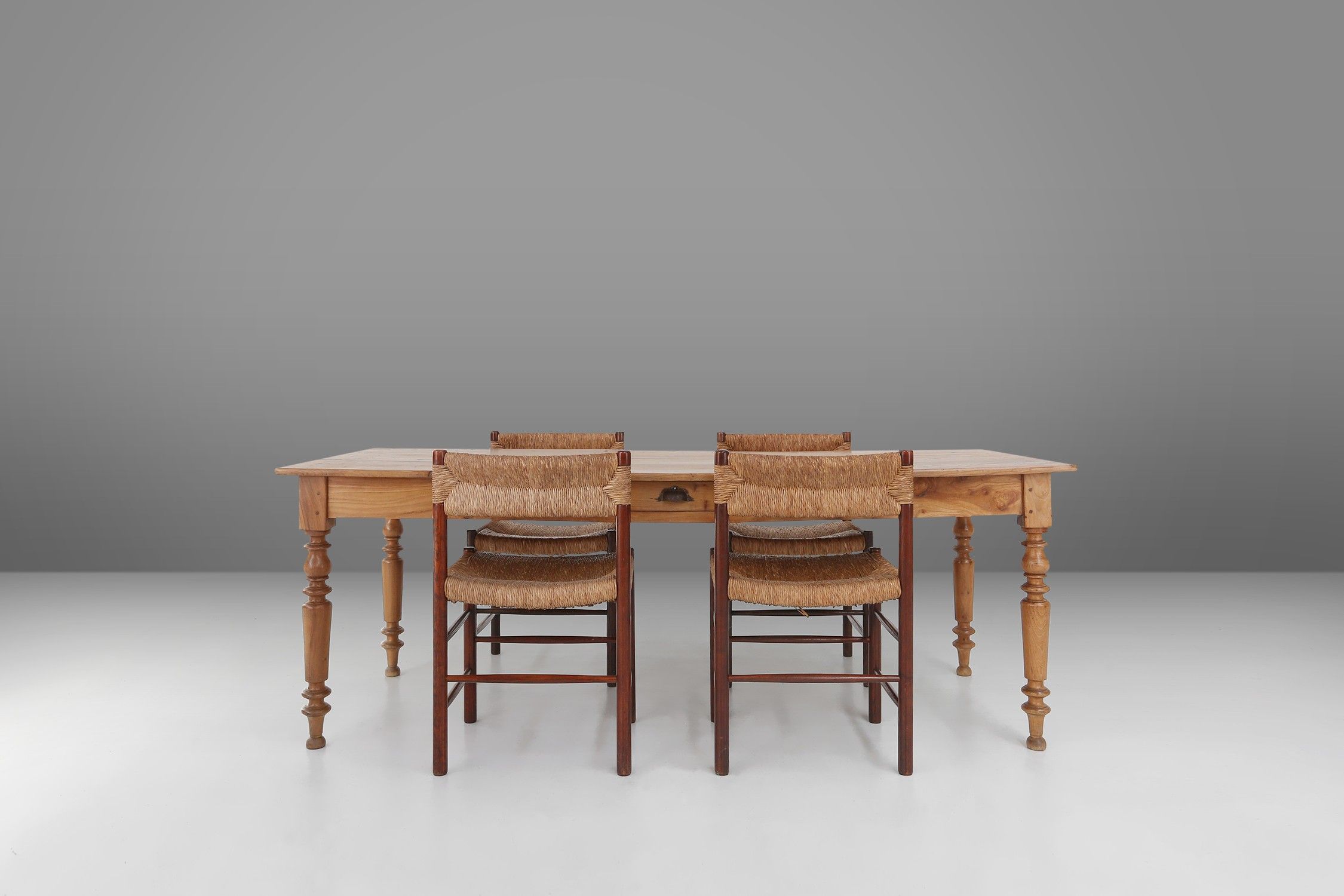 Wabi sabi style French dinner table in elm wood with drawer, ca. 1850thumbnail